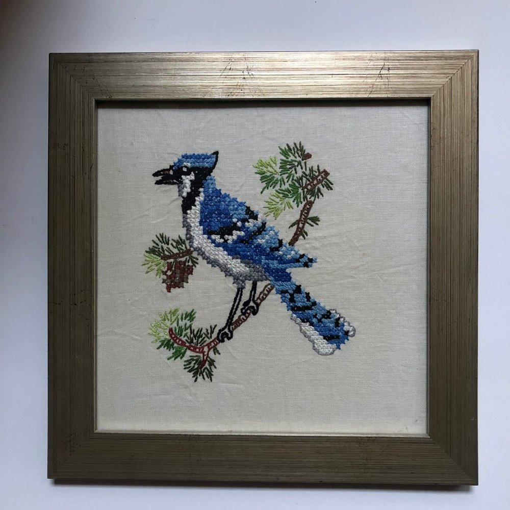 Needlepoint cross stitch picture a blue bird framed